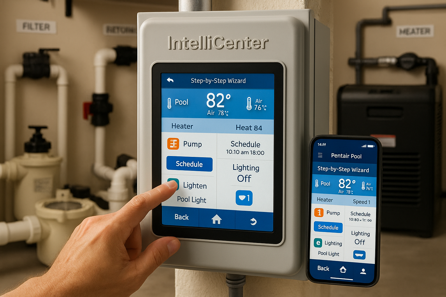 Detailed landscape editorial image (1536x1024) showing IntelliCenter pool automation control panel with vibrant color touchscreen displaying