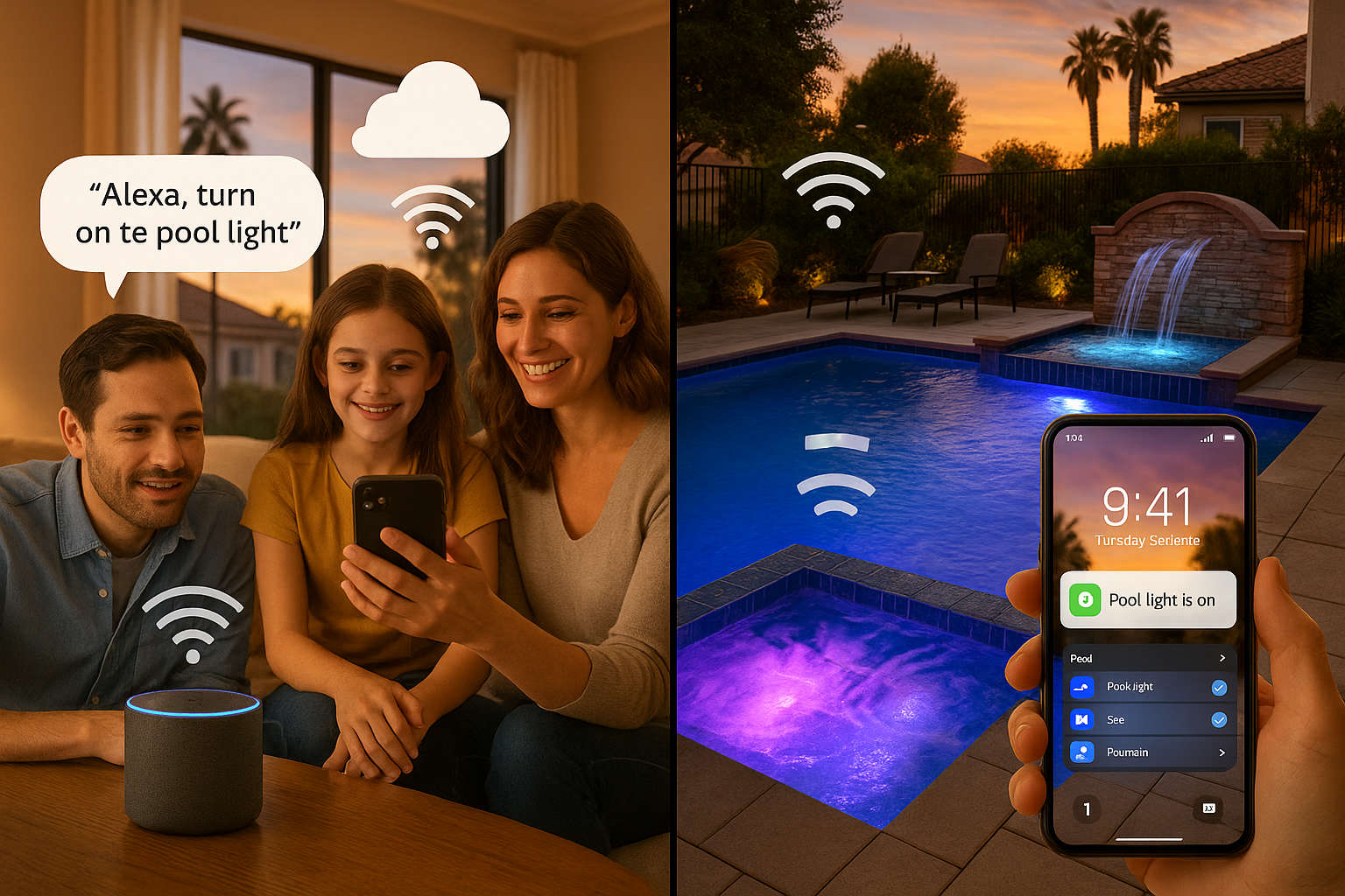 Detailed landscape editorial image (1536x1024) depicting smart home integration concept for pool automation. Split-screen composition: left